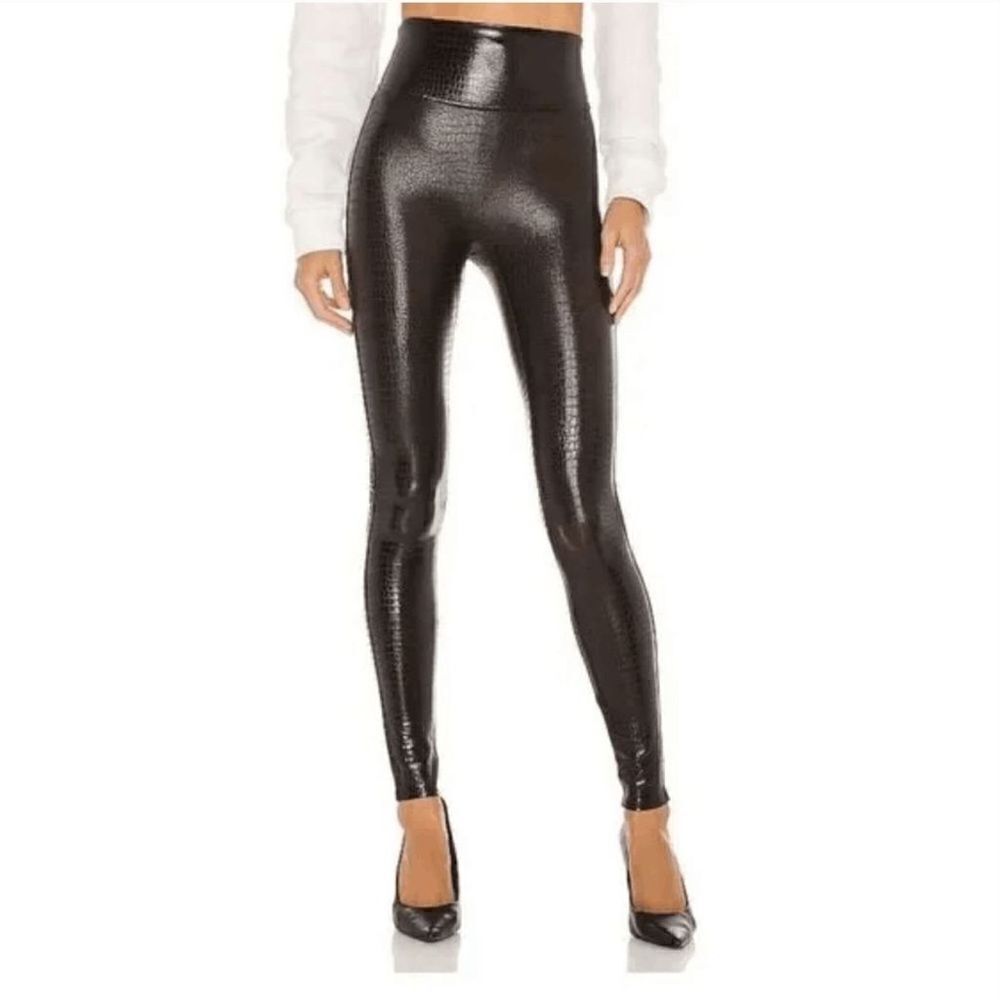 SPANX Faux Leather Croc Snakeskin Leggings Brown Black Shine 20303R S